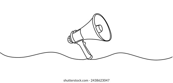 Public horn speaker in single continuous line drawing. Megaphone announce symbol of marketing promotion in simple linear style. Business concept for attention and job offer. vector illustration