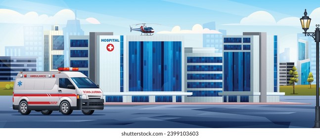 Public hospital building with ambulance car and medical helicopter. Medical concept design background landscape illustration