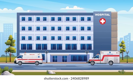 Public hospital building with ambulance emergency cars on cityscape background vector illustration