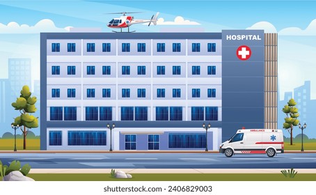 Public hospital building with ambulance emergency car and helicopter. Medical clinic with city background landscape illustration