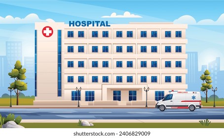 Public hospital building with ambulance emergency car. Medical clinic on cityscape background. Vector cartoon illustration