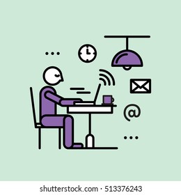 Public Hot-spot Zone Wireless Internet Wi-Fi Free. Connection and Interacting. Man in a cafe using Wi-Fi Vector Icon Style Illustration. Personal Devices and Wi-Fi
