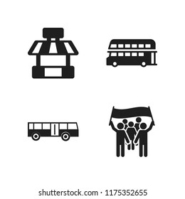public icon. 4 public vector icons set. bus icon, protest and double decker bus icons for web and design about public theme