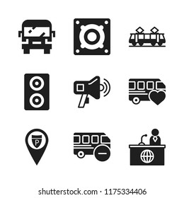 public icon. 9 public vector icons set. news reporter, bus and tram icons for web and design about public theme