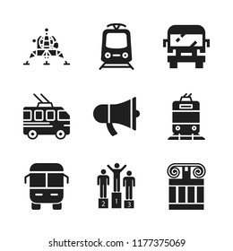 public icon. 9 public vector icons set. bus, greek pillar and trolleybus icons for web and design about public theme