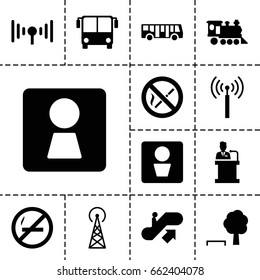Public icon. set of 13 filled public icons such as signal tower, airport bus, escalator up, man wc, woman wc, locomotive, speaker, signal, no smoking