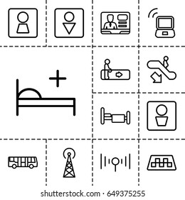 Public icon. set of 13 outline publicicons such as signal tower, taxi, airport bus, escalator, escalator down, man wc, woman wc, male wc, bed, tv speaker, medical bed, signal