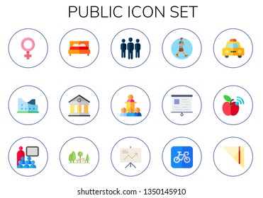 public icon set. 15 flat public icons.  Simple modern icons about  - female, museum, bed, group, conference, walking, presentation, taxi, wifi signal, park, parking, napkin