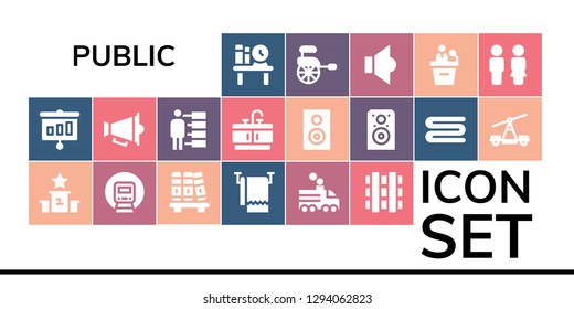  public icon set. 19 filled public icons. Simple modern icons about  - Bookshelf, Presentation, Podium, Railway, Towel, Train, Speaker, People, Bathroom, Rickshaw, Toilet