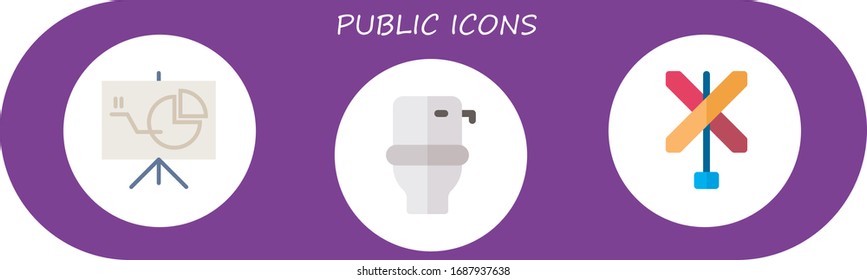 public icon set. 3 flat public icons.  Simple modern icons such as: presentation, toilet, railroad