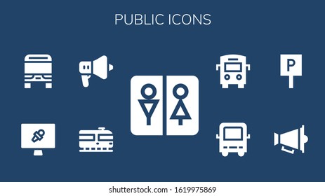 public icon set. 9 filled public icons. Included Wc, Train, Speaker, News report, Bus, Parking icons