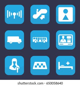 Public icon. set of 9 filled public icons such as taxi, airport bus, escalator up, female wc, woman speaker, tv speaker, medical bed, signal