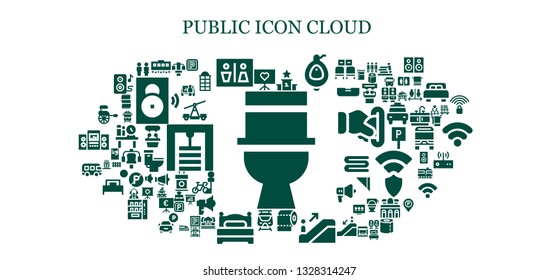 public icon set. 93 filled public icons.  Simple modern icons about  - Toilet, Presentation, Train, Wc, Podium, Urinal, Toilet paper, Escalator, Subway, Bed, Bus, Rickshaw, Gym station