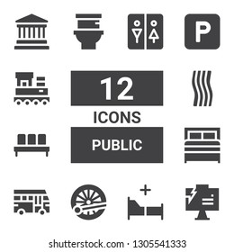 public icon set. Collection of 12 filled public icons included Presentation, Bed, Train, School bus, Waiting room, Towel, Toilet, Parking, Museum, Restroom