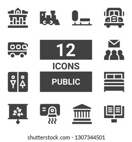 public icon set. Collection of 12 filled public icons included Lectern, Museum, Hand dryer, Presentation, Bed, Restroom, Group, Train, Bus, Park