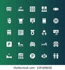 public icon set. Collection of 25 filled public icons included Restroom, Museum, Parking, Presentation, Bed, Bus, Taxi, Park, Hand dryer, Toilet, Train, Metro, Towel, Wireless