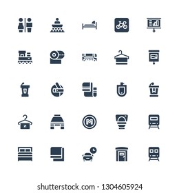 public icon set. Collection of 25 filled public icons included Train, Portable toilets, Parking, Towel, Bed, Toilet, Metro, Taxi, Conference, Urinal, Shuttle, Presentation, Bus