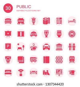 public icon set. Collection of 30 filled public icons included Bed, Ming dynasty tombs, Toilet, Toilet paper, Bookcase, Presentation, Towel, Taxi, Parking, Park, Museum, Bus, Napkin
