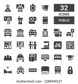 public icon set. Collection of 32 filled public icons included Insecure, Train, Towel, Book shelf, Taxi, Bed, Lectern, Toilet paper, Group, Parking, Train station, Restroom, Presentation