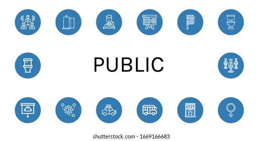 Public Icon Set. Collection Of Group, Paper Towel, Politician, Presentation, Bus Stop, Toilet, Grouping, Taxi, School Bus, Vending Machine, Female Icons