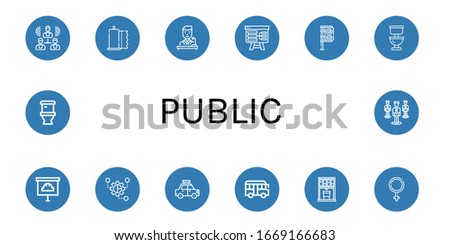 public icon set. Collection of Group, Paper towel, Politician, Presentation, Bus stop, Toilet, Grouping, Taxi, School bus, Vending machine, Female icons