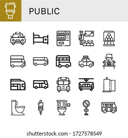 public icon set. Collection of Toilet, Taxi, Bed, Vending machine, Presentation, Candy machine, Bus, Press conference, Train, School bus, Tram, Paper towel, Wc, Grip, Restroom icons