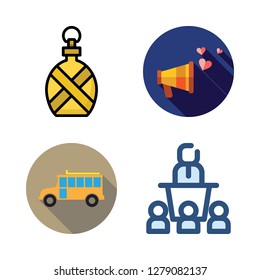 public icon set. vector set about megaphone, conference, canteen and school bus icons set.
