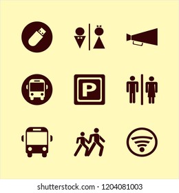 public icon. public vector icons set school bus, flash driver, loud speaker and parking sign