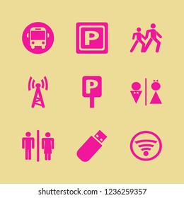 public icon. public vector icons set parking sign, pedestrian people, wi fi and flash driver