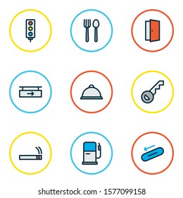 Public icons colored line set with tray, smoke, door and other steps down elements. Isolated vector illustration public icons.
