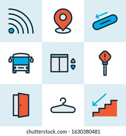Public icons colored line set with elevator, hanger, steps down and other approach elements. Isolated vector illustration public icons.