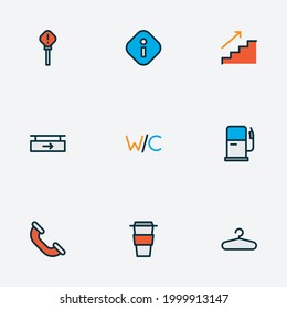 Public icons colored line set with info, coffee, signboard and other toilet elements. Isolated vector illustration public icons.