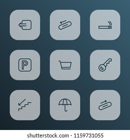 Public icons line style set with key, parking sign, steps up and other umbrella elements. Isolated vector illustration public icons.