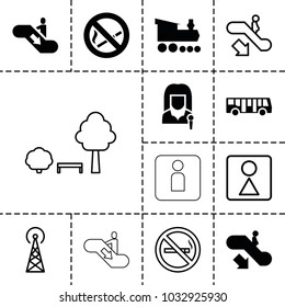 Public icons. set of 13 editable filled and outline public icons such as airport bus, escalator down, signal tower, no smoking, female wc, woman wc, locomotive, tree and bench