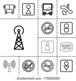 Public icons. set of 13 editable outline public icons such as signal tower, airport bus, escalator down, no smoking, man wc