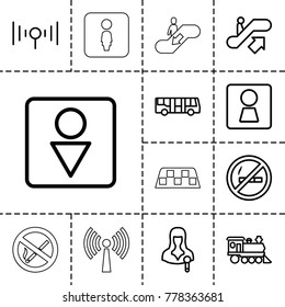 Public icons. set of 13 editable outline public icons such as airport bus, escalator up, woman wc, male wc, no smoking, locomotive, woman speaker, signal, signal tower, taxi
