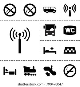 Public icons. set of 13 editable filled public icons such as signal tower, taxi, escalator down, no smoking, medical bed, airport bus, wc, bed