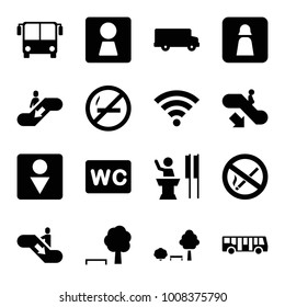 Public icons. set of 16 editable filled public icons such as airport bus, escalator down, woman wc, wc, bus, tree and bench, no smoking, wi-fi, speaker