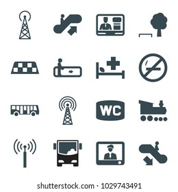 Public icons. set of 16 editable filled public icons such as signal tower, airport bus, escalator, escalator up, escalator down, tree and bench, no smoking, tv speaker, taxi