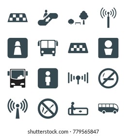 Public icons. set of 16 editable filled public icons such as signal tower, taxi, airport bus, escalator, man wc, no smoking, signal, escalator up, male wc