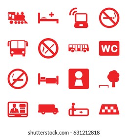 Public icons set. set of 16 public filled icons such as taxi, airport bus, escalator, no smoking, woman wc, wc, bed, locomotive, tv speaker, medical bed, laptop signal, bus