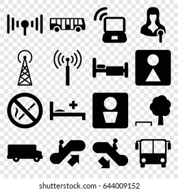 Public icons set. set of 16 public filled icons such as signal tower, airport bus, escalator up, escalator down, man wc, female wc, bed, woman speaker, medical bed, signal
