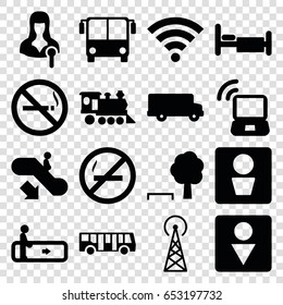 Public icons set. set of 16 public filled icons such as signal tower, airport bus, escalator, escalator down, no smoking, man wc, male wc, bed, locomotive, woman speaker