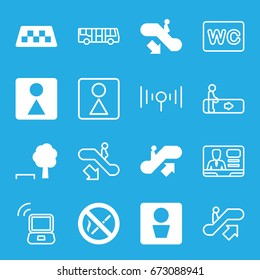 Public icons set. set of 16 public filled and outline icons such as taxi, escalator up, escalator down, man wc, female wc, no smoking, airport bus, escalator, wc, tv speaker