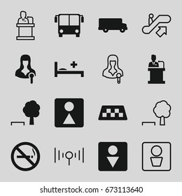 Public icons set. set of 16 public filled and outline icons such as taxi, airport bus, no smoking, male wc, female wc, woman speaker, medical bed, speaker, escalator up