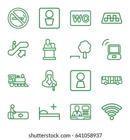 Public icons set. set of 16 public outline icons such as taxi, airport bus, escalator, escalator up, no smoking, man wc, woman wc, wc, locomotive, woman speaker, tv speaker