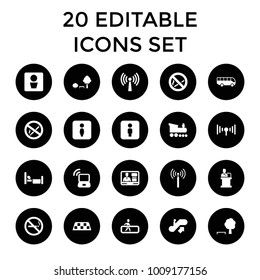 Public icons. set of 20 editable filled public icons such as signal tower, escalator up, no smoking, man wc, tree and bench. best quality public elements in trendy style.