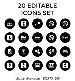 Public icons. set of 20 editable filled public icons such as airport bus, escalator, man wc, woman wc, tv speaker, signal. best quality public elements in trendy style.