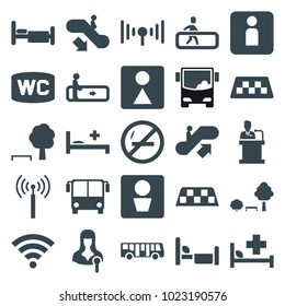 Public icons. set of 25 editable filled public icons such as signal tower, taxi, airport bus, escalator, escalator up, escalator down, man wc, female wc, tree and bench