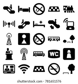 Public icons. set of 25 editable filled public icons such as signal tower, taxi, airport bus, escalator down, no smoking, female wc, tree and bench, bed, locomotive